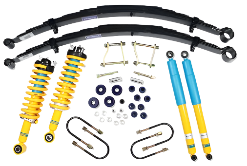 Automotive suspension parts including shock absorbers, springs, and control arms on a white background