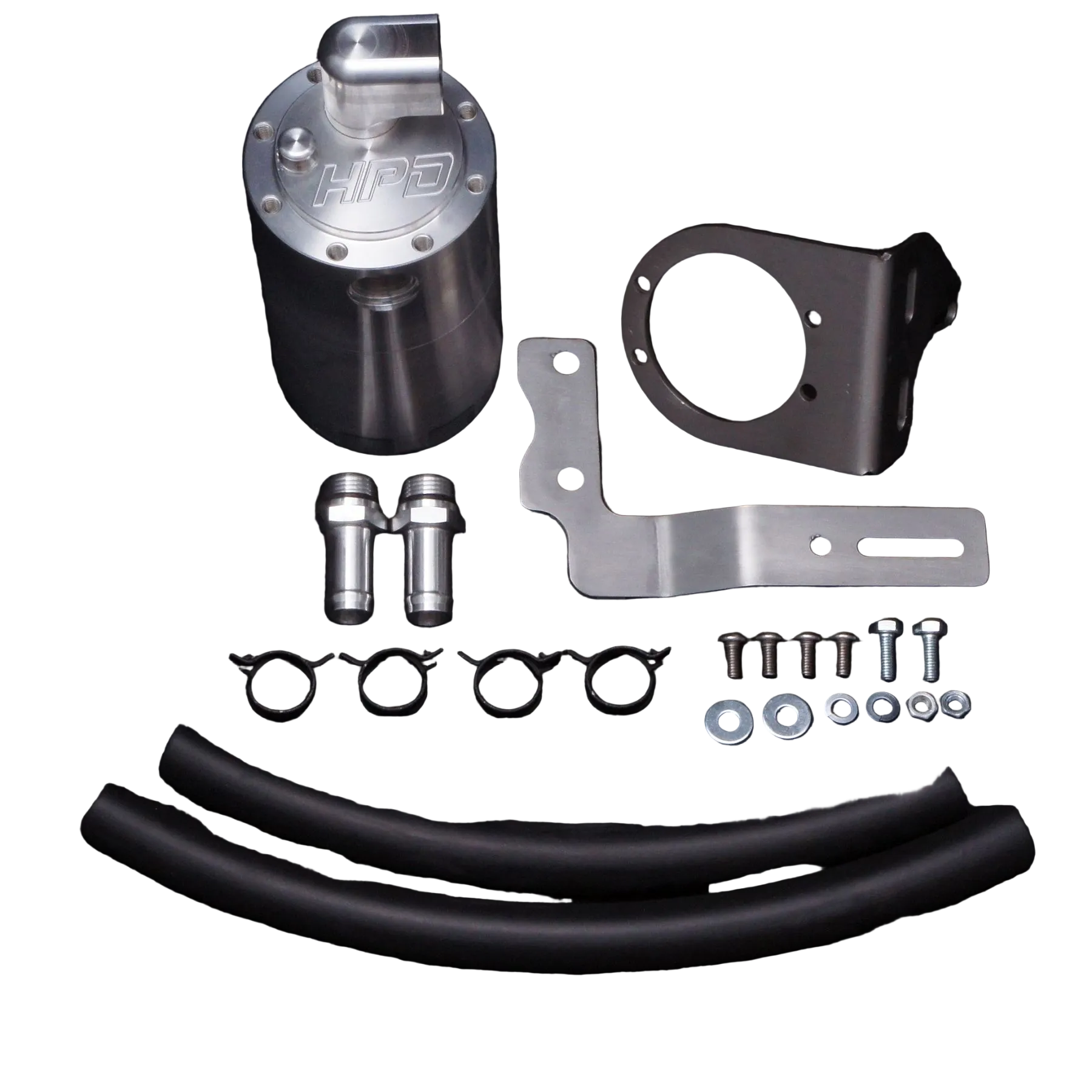 Collection of automotive parts including a silver metal canister, black bracket, and various pipes on a black background.