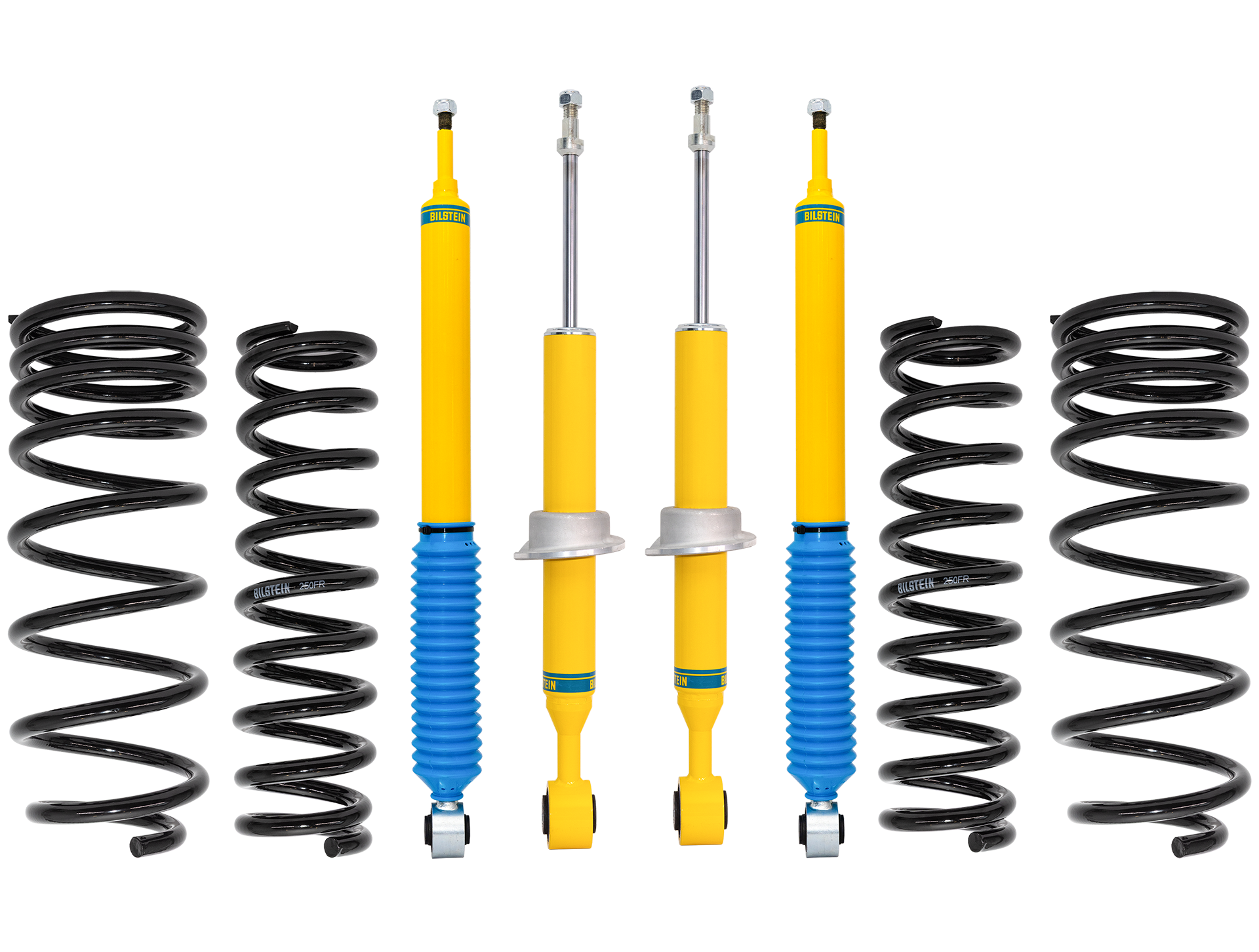 A set of Bilstein B6 46mm Monotube Gas Pressure Technology shock absorbers and lift springs for the Toyota Prado 250 series.