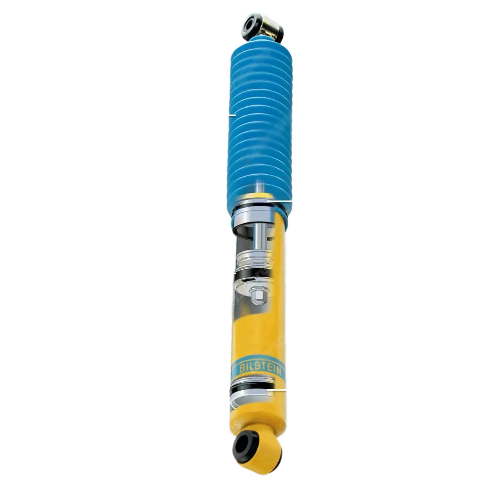Shock absorber with blue and yellow design on a white background