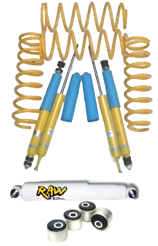 Set of suspension components with Raw Racing logo on a white background