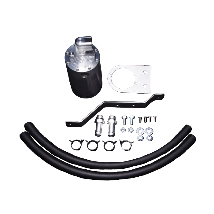 Car modification parts including a black canister, metal bracket, and hoses on a black background