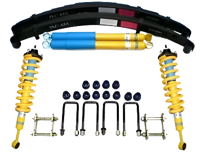 Automotive suspension components including shock absorbers, springs, and links on a white background.