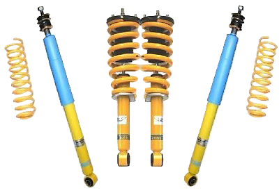 A set of Bilstein 4x4 ReadyStrut Lift Kit components, including shock absorbers and raised springs, primarily in yellow, blue, and silver colors.