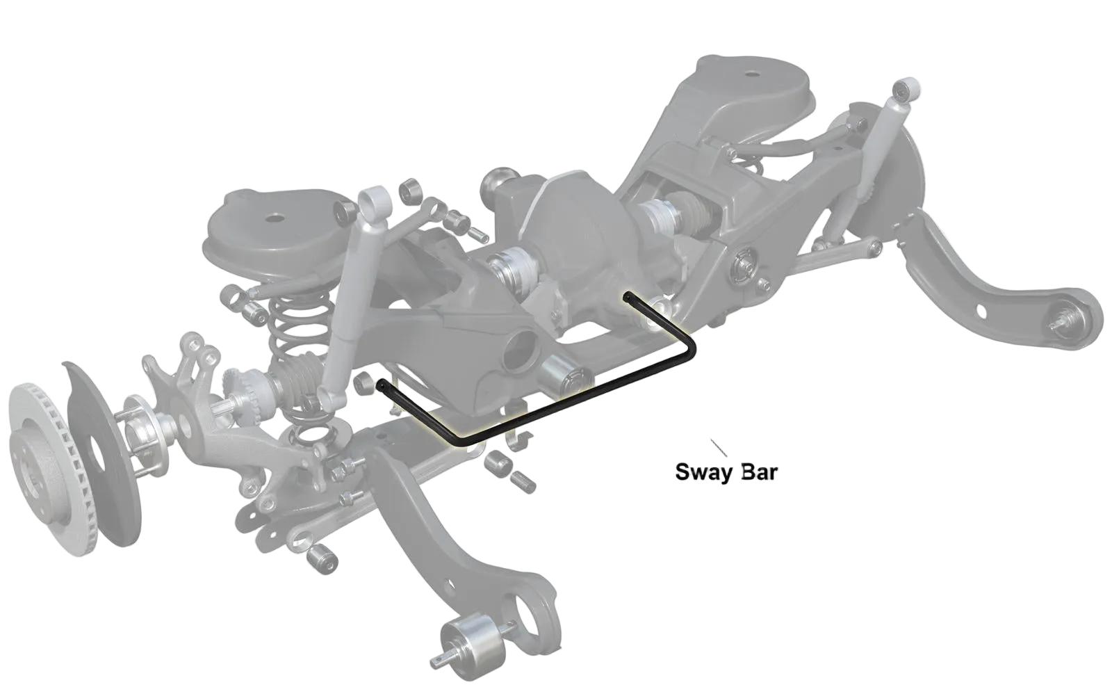 Diagram of a vehicle suspension system with a sway bar labeled, branded with Whiteline.