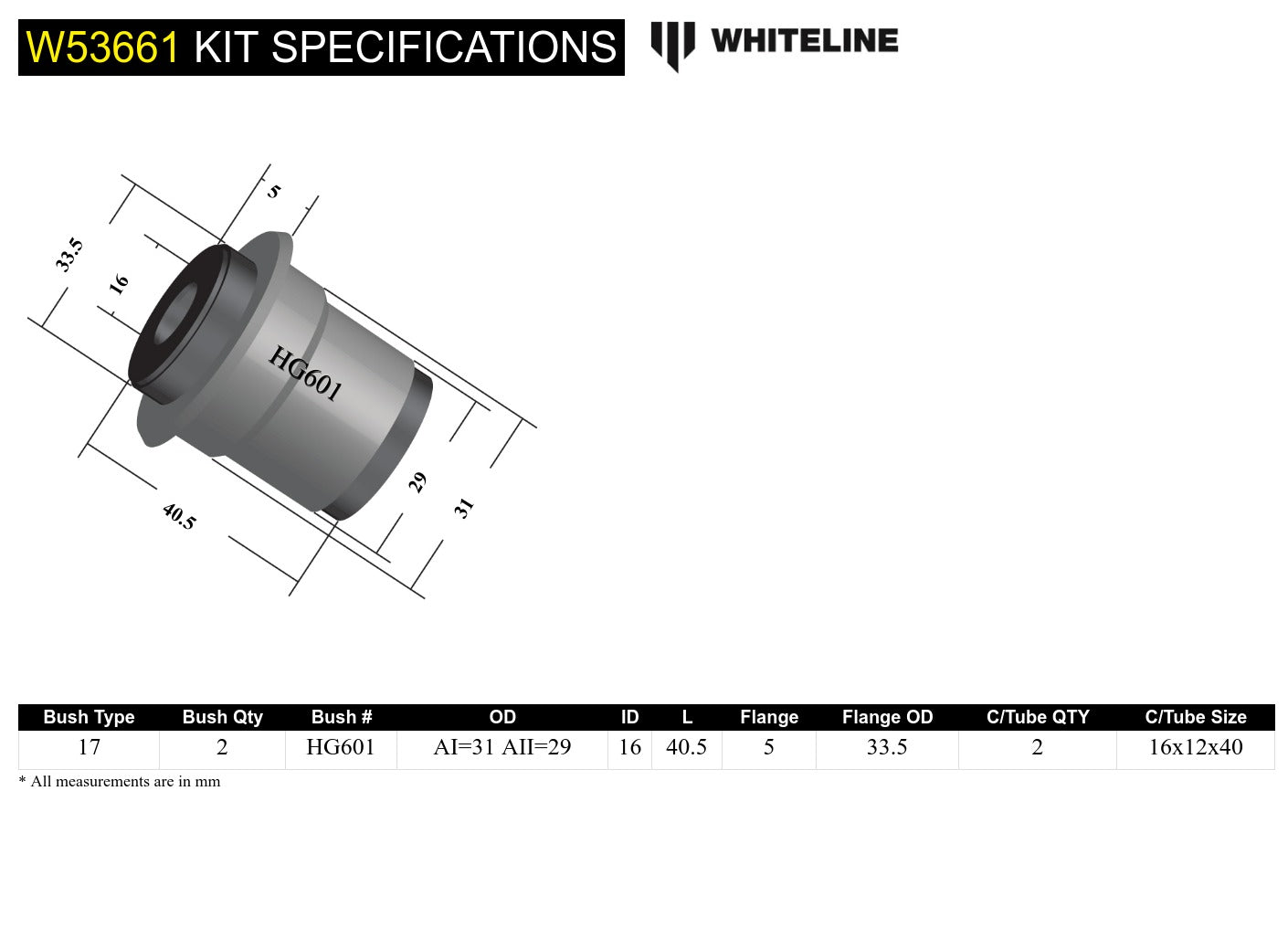Front Control Arm Upper - Inner Front Bushing Kit to Suit Holden Gemini TX, TC, TD, TE, TF, TG (W53661)