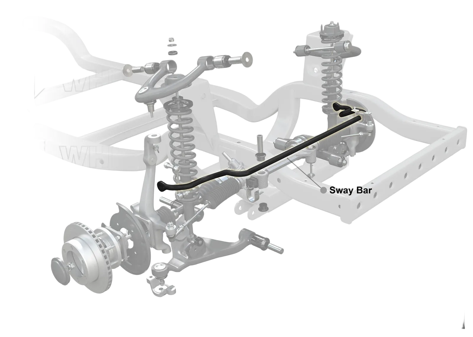 Automotive suspension system with sway bar on a white background, featuring Whiteline branding.
