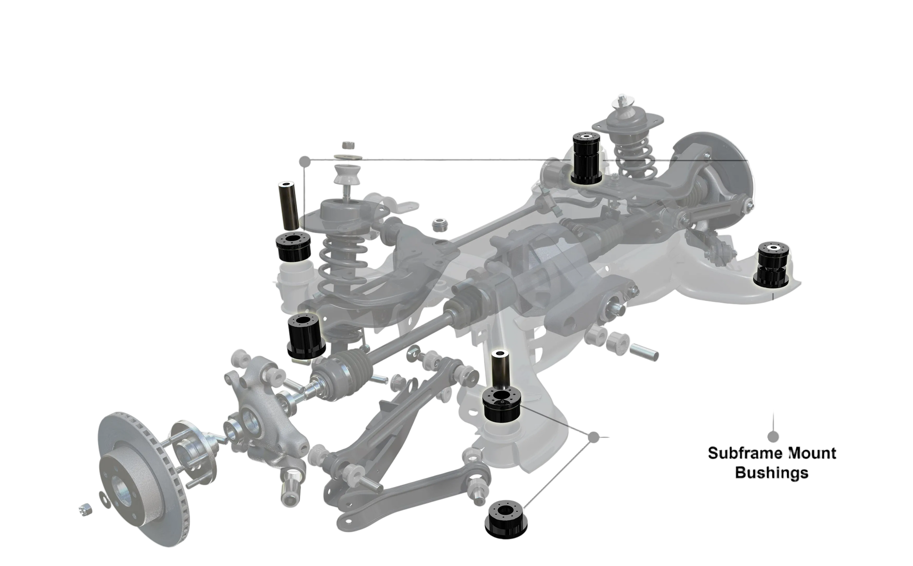 Automotive subframe mount bushings diagram with Whiteline branding on a white background