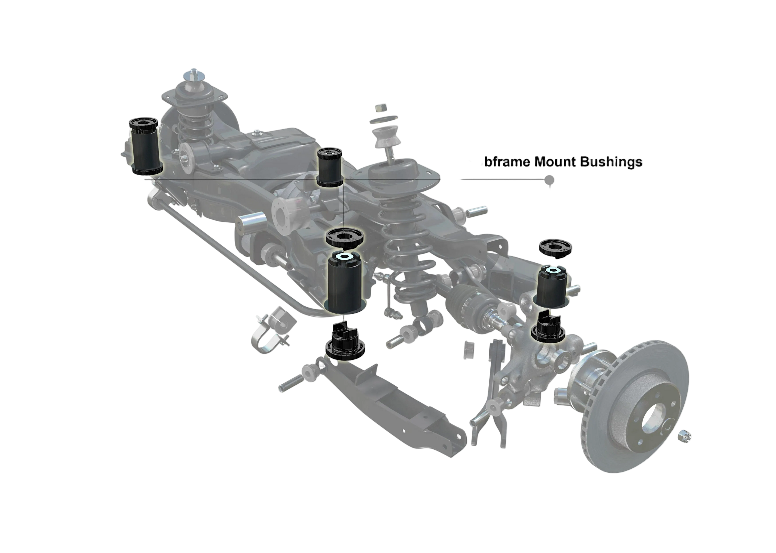 Automotive subframe mount bushings with Whiteline branding on a white background