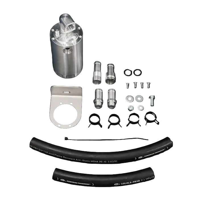 Collection of automotive parts including a silver metal canister, hoses, and connectors on a black background.