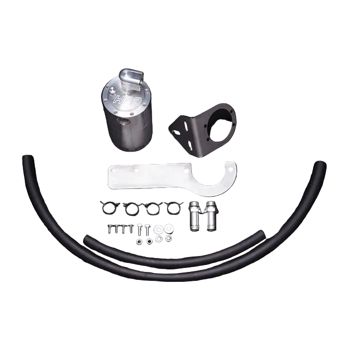 Mechanical parts including a metal bracket, cylindrical component, and hardware on a black background