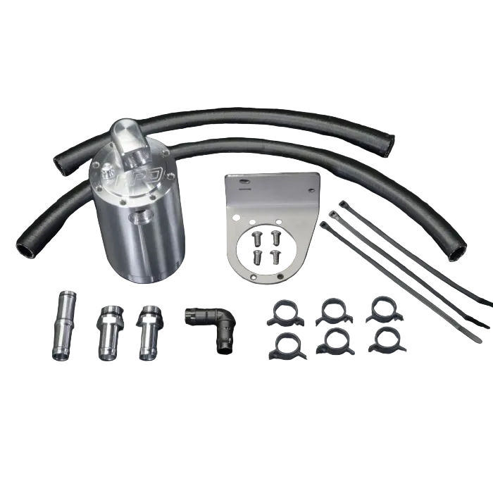 Collection of automotive parts including a silver oil filter housing, hoses, and connectors on a black background.